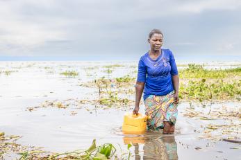 Person holding bucket and walking through wetland in drc